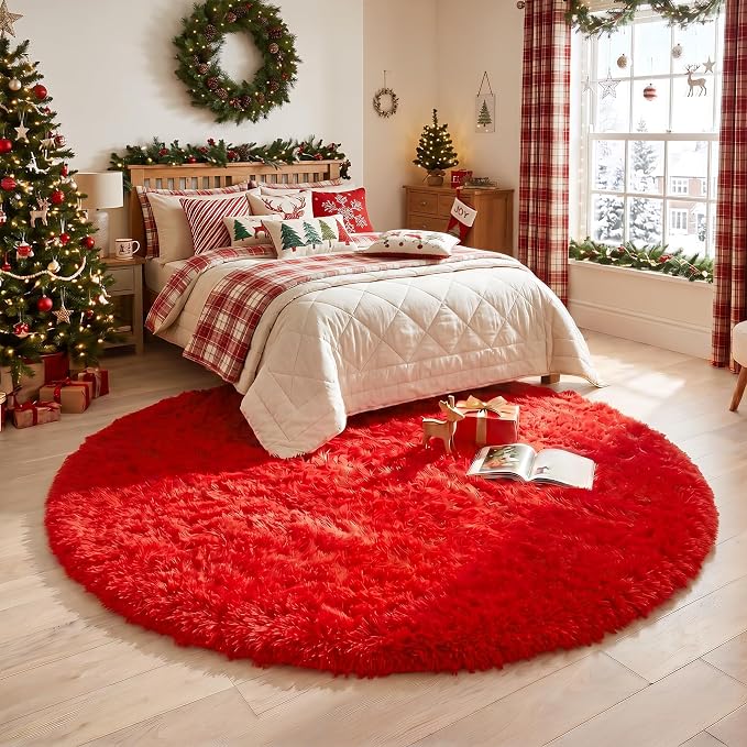 Red Circle Round Rug 7Ft for Living Room Bedroom, Large Fluffy Shag Area Rugs for Kids Room Decor Aesthetic, Fuzzy Plush Fur Carpets for Nursery Classroom, Red Carpet, Indoor Furry Rugs for Teen Boys