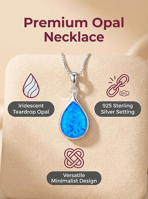Teardrop Opal Necklace for Women - 925 Sterling Silver October Birthstone Pendant Necklace, Dainty Pear Shape Gemstone Jewelry Gif for Her, Adjustable Box Chain