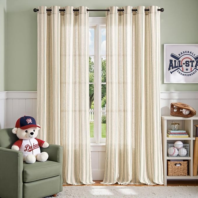 Vangao Linen Stripe Nursery Curtains for Kids Tickingstripe Light Filtering Window Curtains Colorful Pinstripe Printed Drapes 96 Inches Long for Living Room Boys Bedroom Colorful Green 2 Panels