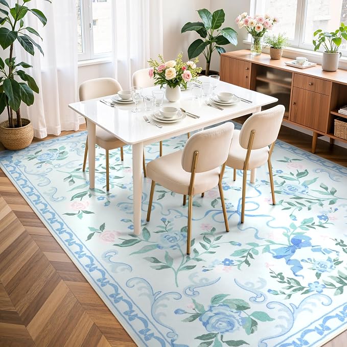 Collive 6x9 Blue Area Rug, Boho Bow and Floral Rugs for Living Room Machine Washable, Soft Ultra-Thin Bow Carpet Non Slip for Girls Room Bedroom Entryway Playroom