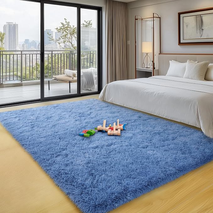 qulint Blue Rugs for Bedroom 3x5, Fluffy Shag 3x5 Area Rug for Boys Room Fuzzy Small Kids Rug, Plush Shaggy Alfombras for Girls Dorm Playroom Nursery Aesthetic Home Decor (3ft x 5ft, Blue)
