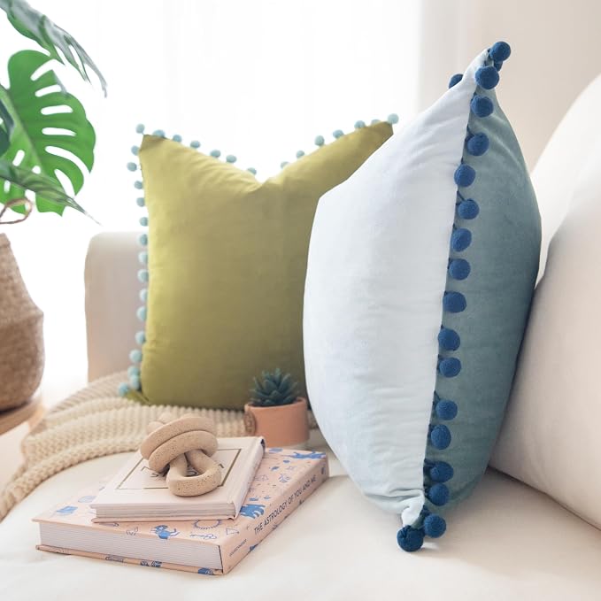 MONDAY MOOSE Decorative Throw Pillow Covers Cushion Cases, Set of 2 Soft Velvet Pom Poms Double-Sided Designs, Mix and Match for Home Decor, Pillow Inserts Not Included (16x16 inch, Green/Blue)