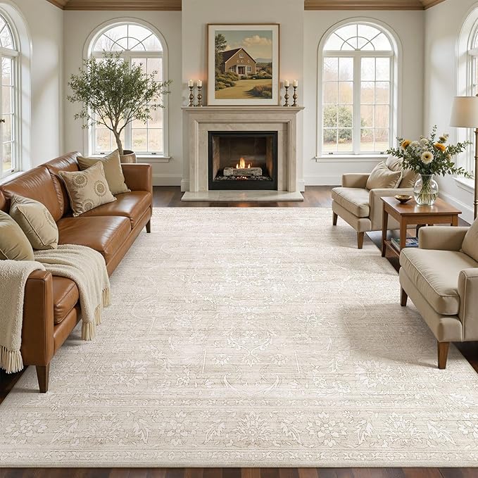 Nakagishi 8x10 Area Rugs Living Room: Washable Large Vintage Rug Neutral Non-Slip Soft Stain Resistant Indoor Carpet for Bedroom Nursery Dining Room Office Playroom - Beige White