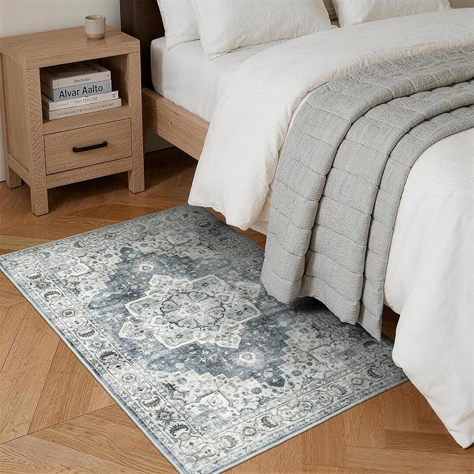 Lessymo 2 x 3 Runner Rug, Machine Washable Entryway Rugs Boho Faux Wool Low Pile Area Rug for Bedroom, Floral Medallion Vintage Rugs with Non-Slip Rubber,Blue Grey/Beige
