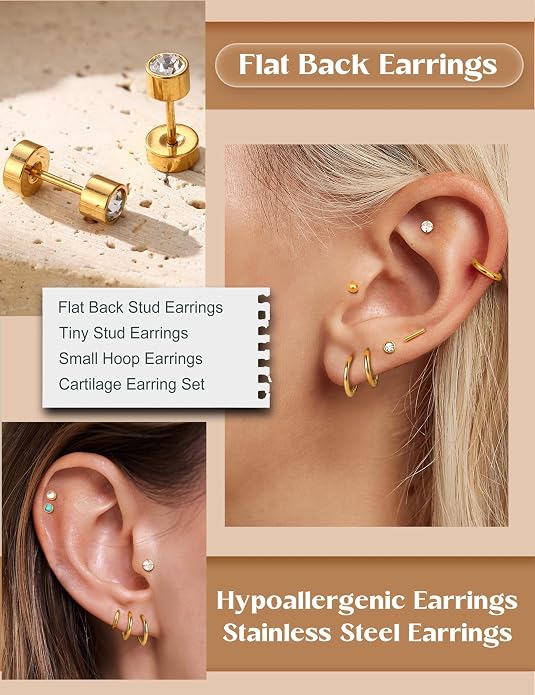 LOLIAS 21Pairs Surgical Steel Flat Back Earrings Hypoallergenic 20G Screw Back Nap Stack Cartilage Earring Stacks