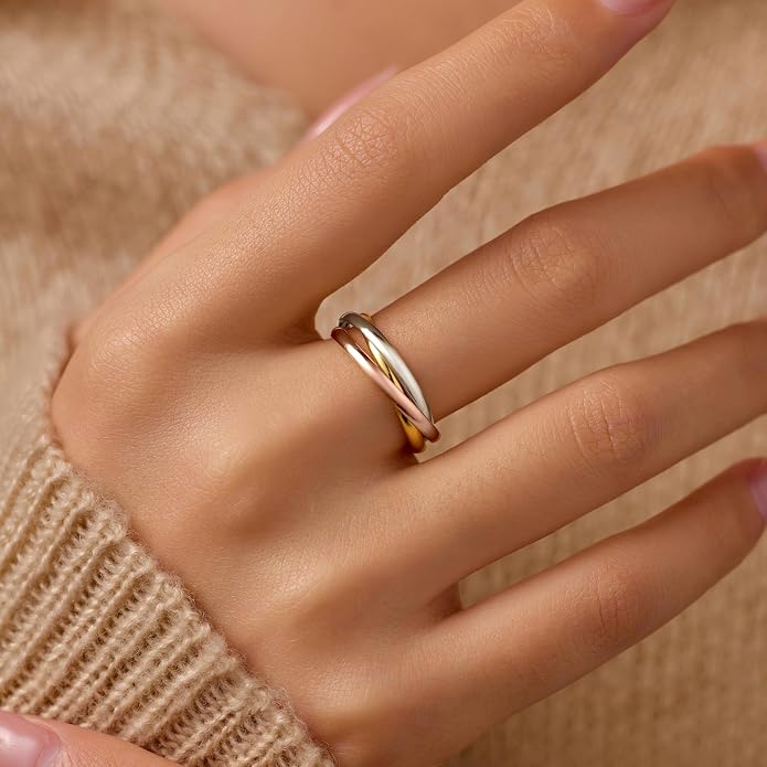 14K Gold Plated Interlocking Fidget Anxiety Ring 925 Sterling Silver Stackble Rings for Women Men Rolling Triple Spinner Ring Minimalist Trendy Knuckle Rings Jewelry Birthday Graduation Gifts