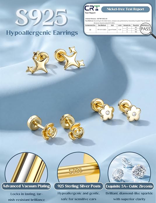 ORAZIO 925 Sterling Silver Flat Back Stud Earrings for Women Hypoallergenic 14K Gold Plated Cartilage Earrings for Sensitive Ears Small CZ Opal Conch Helix Tragus Piercing Jewelry 3 Pairs 20G