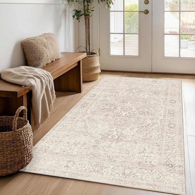 FMFUNCTEX 3x4 Washable Area Rug Beige Vintage Neutral Distressed Non Slip Low Pile Traditional Retro Indoor Carpet for Entryway Entrance Soft Rug Living Room Bedroom Kitchen Dining Office Laundry