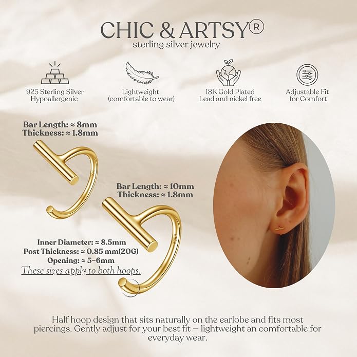 CHIC & ARTSY 925 Sterling Silver Half Hoop Earrings for Women, Small Huggie Hoops Set with Ball Bar Star Moon Cross & Pearl, Lightweight Comfort Fit Everyday & Sleep Earrings
