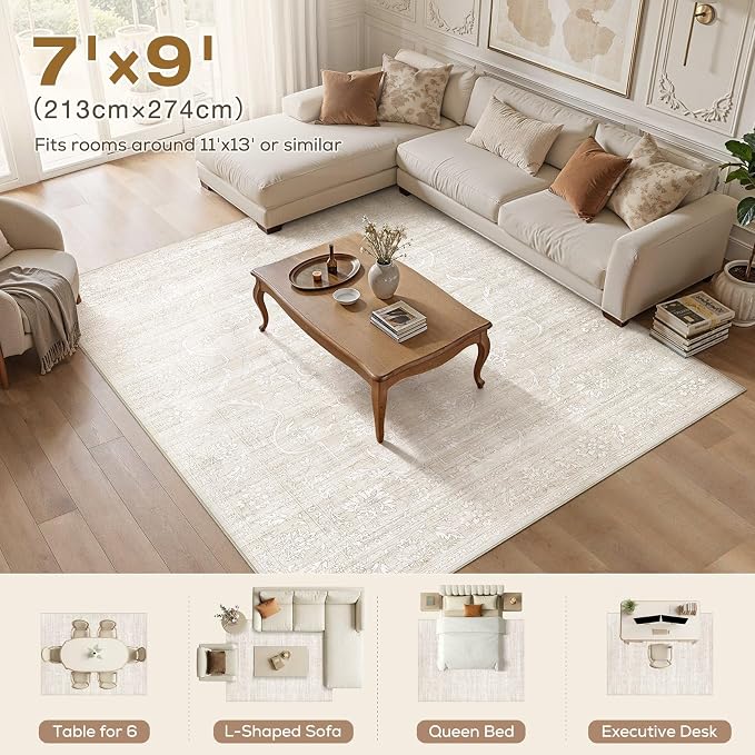 Nakagishi 7x9 Area Rugs Living Room: Washable Large Vintage Rug Neutral Non-Slip Soft Stain Resistant Indoor Carpet for Bedroom Nursery Dining Room Office Playroom - Beige White