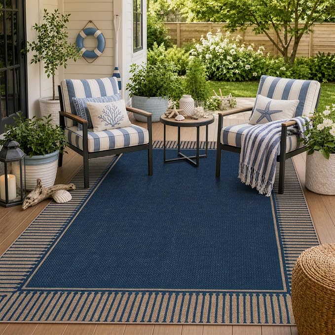 Moynesa 5x7 Rug for Living Room, Blue Striped Border Easy Jute Washable Indoor Outdoor Patio Area Rugs, Farmhouse Neutral Non Slip Carpet for Bedroom Dining Room Backyard