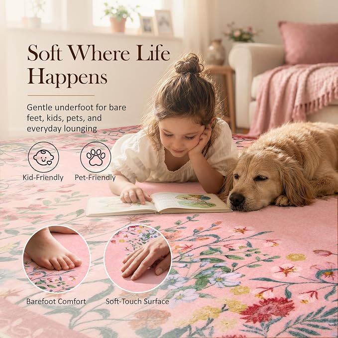 Wonnitar 5x7 Washable Area Rug, Pink Floral Rug for Living Room, Cute Boho Rug for Girls Bedroom, Non Slip Soft Nursery Carpet, Farmhouse Kids Room Decor (5x7 Pink)