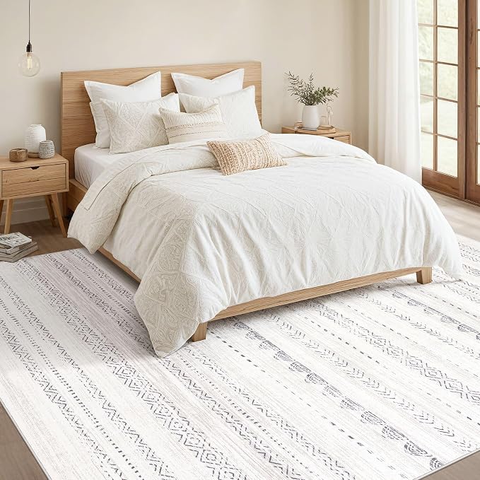Nakagishi 8x11 Area Rugs Living Room: Washable Boho Large Neutral Soft Farmhouse Rug Stain Resistant Modern Moroccan Non-Slip Indoor Carpet for Bedroom Nursery Kids Playroom Office Dining Room- Gray