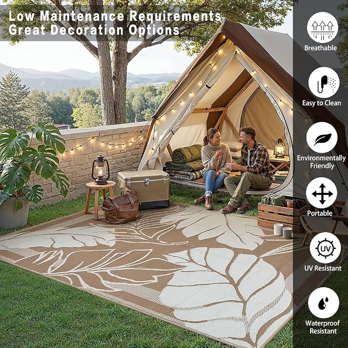 HUGEAR 6'x9' Outdoor Rug Waterproof Plastic Straw Rugs Brown Reversible Olive Leaf Mat Floor Carpet for Camping RV Deck Entryance Porch Picnic Balcony Beach Backyard