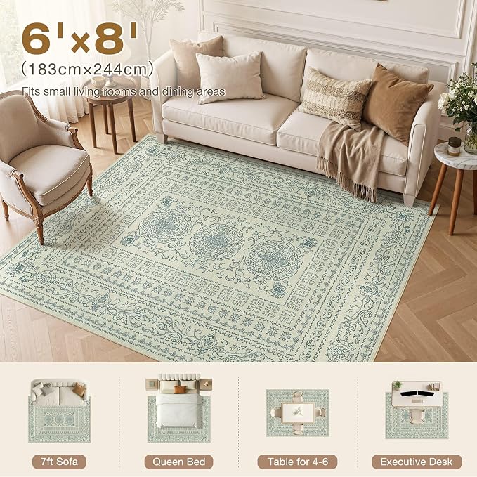 Nakagishi 6x8 Area Rugs Living Room: Washable Large Vintage Rug Neutral Non-Slip Soft Stain Resistant Indoor Carpet for Bedroom Nursery Dining Room Office Playroom - Forest Green