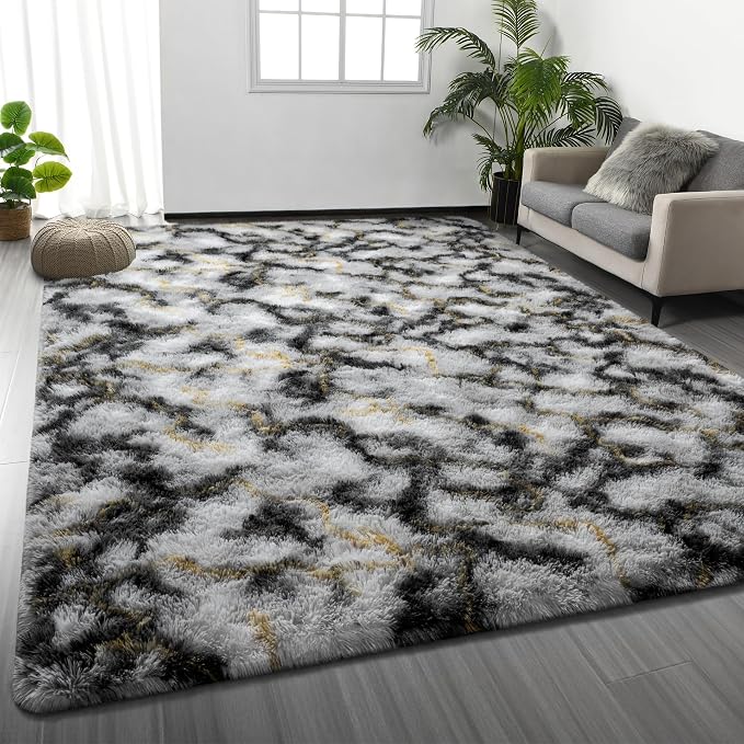 Deerhoo Shag Area Rug, 4 X 6 Tie-Dyed Plush Fuzzy Rugs for Living Room, Ultra Soft Fluffy Furry Rugs for Bedroom, Anti-Skid Indoor Carpet Nursery Rugs for Kids Room Home Decor, Black White Gold