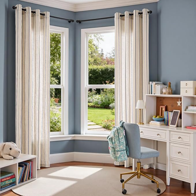 Vangao Linen Stripe Nursery Curtains for Kids Tickingstripe Light Filtering Window Curtains Colorful Pinstripe Printed Drapes 96 Inches Long for Living Room Girls Bedroom Colorful Blue 2 Panels