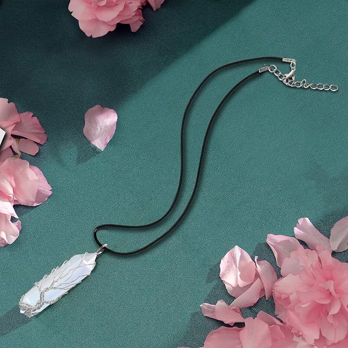 VIBILIA Healing Crystal Necklace Tree of Life Wire Wrapped Natural Stone Point Pendant Necklace Hexagonal Reiki Spiritual Quartz Gemstone Jewelry for Women Men