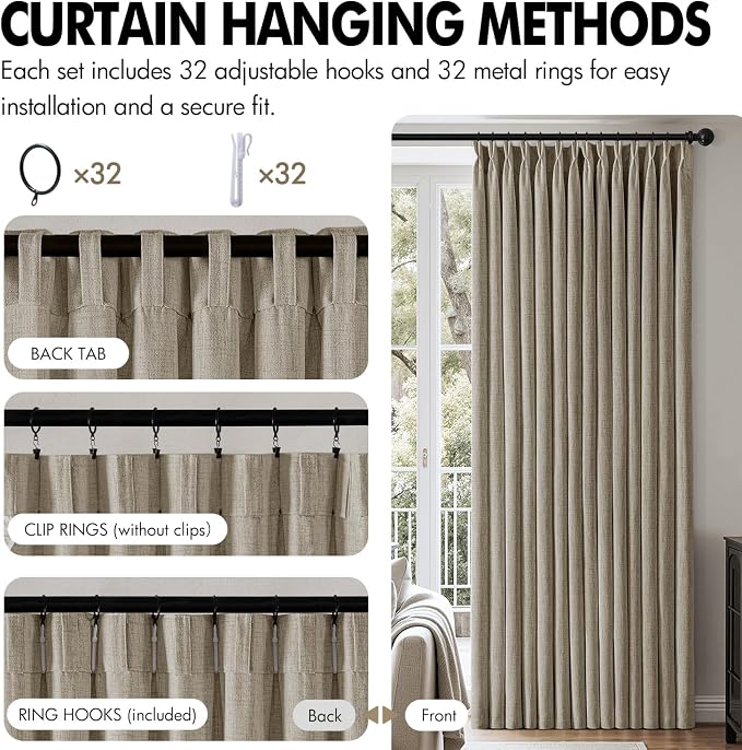 MIULEE Pinch Pleated Thick Linen Curtains 102 Inch 4 Panels Set Back Tab Memory Trained Pinch Pleat Semi Sheer Light Filtering Privacy Let Light in Window Drape for Living Room Bedroom Grey Beige