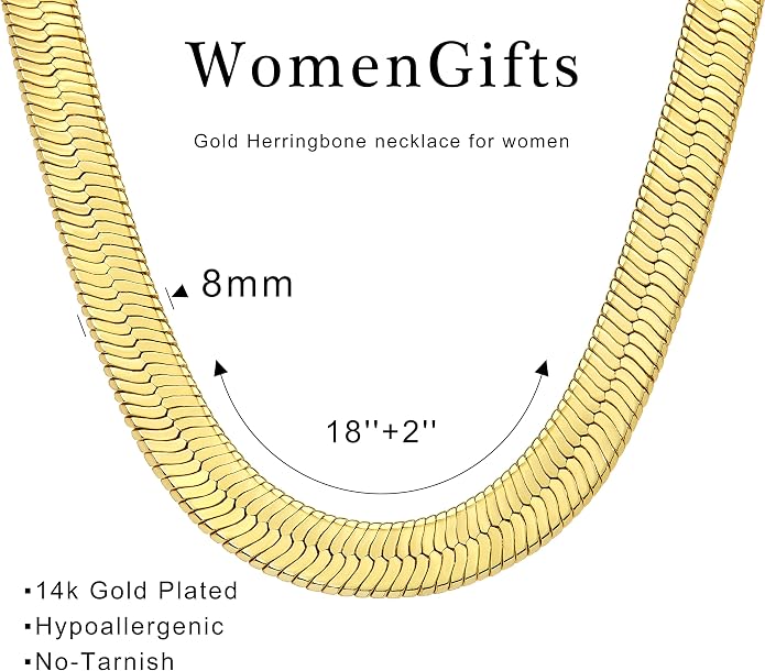 WomenGifts 14K Gold Silver Plated Herringbone Necklace for Women, Dainty Snake Chain Choker, Trendy Simple Long Layered Jewelry Non Tarnish, 3/4/5/8mm,14,16,18,20,22,24,26 Inch Thin & Chunky Options