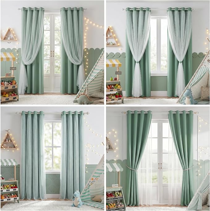 MYSKY HOME Curtains for Girls Bedroom & Nursery Kids Green Cute Curtains Double Layer with Polka Dots Sheer, Grommet Tops, 52x95 Inch Each Panel, 2 Panels