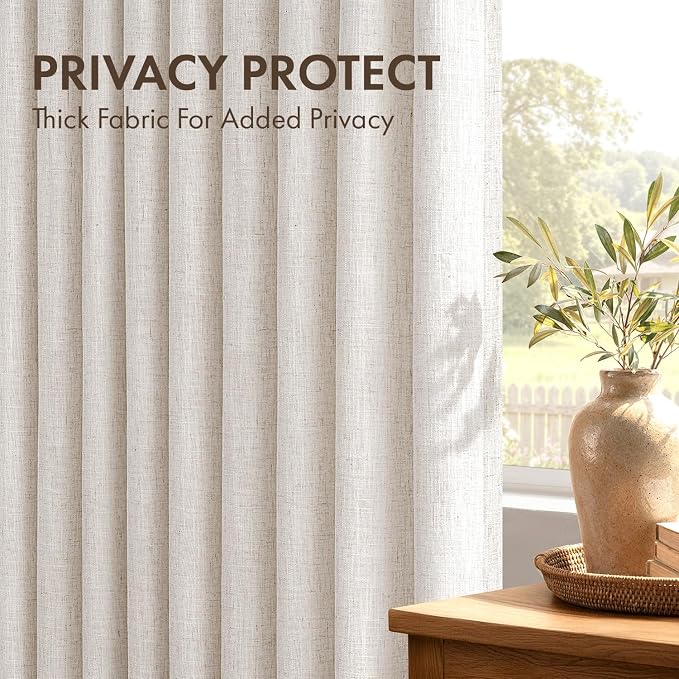 MIULEE 4 Panels Set Pinch Pleated Linen Curtains 100 Inches Long for Living Room Bedroom, Thick Linen Drapes Pleat Back Tab Memory Trained Light Filtering Boho Natural Window Curtains with Hooks