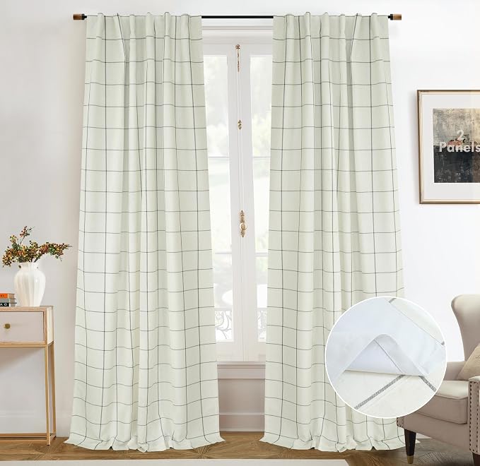 DriftAway 100% Blackout Plaid Linen Curtains 102 Inches Long 2 Panels Black | 100% Blackout, Linen Texture, Plaid Pattern, Two Layers, Rod Pocket & Back Tab, Bedroom Living Room Use, Luxury Appearance