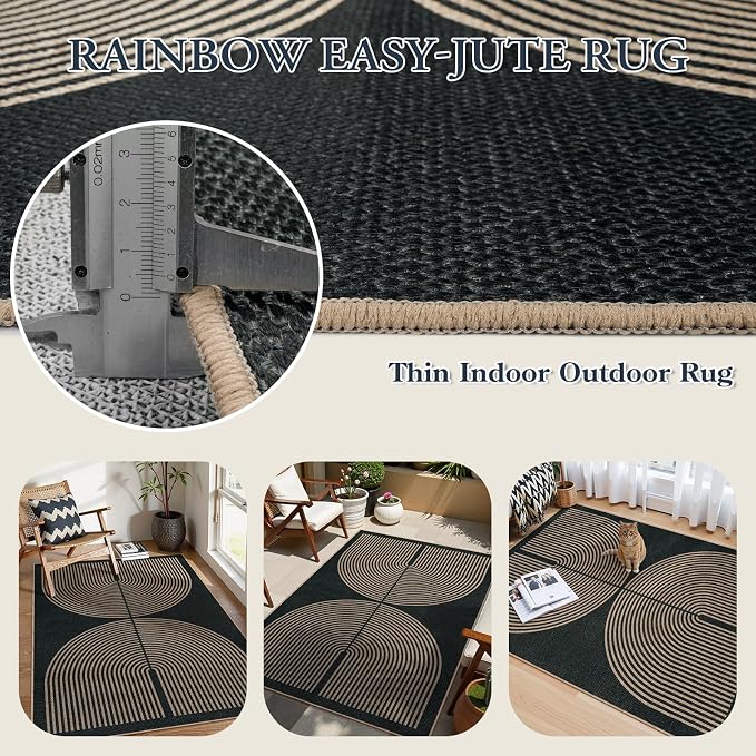 Lahome Modern Rainbow Easy Jute 4x6 Rug, Outdoor Patio Rug for Living Room Washable Black Carpet for Bedroom, Contemporary Non Slip Non Shedding Floor Carpet for Office Backyard