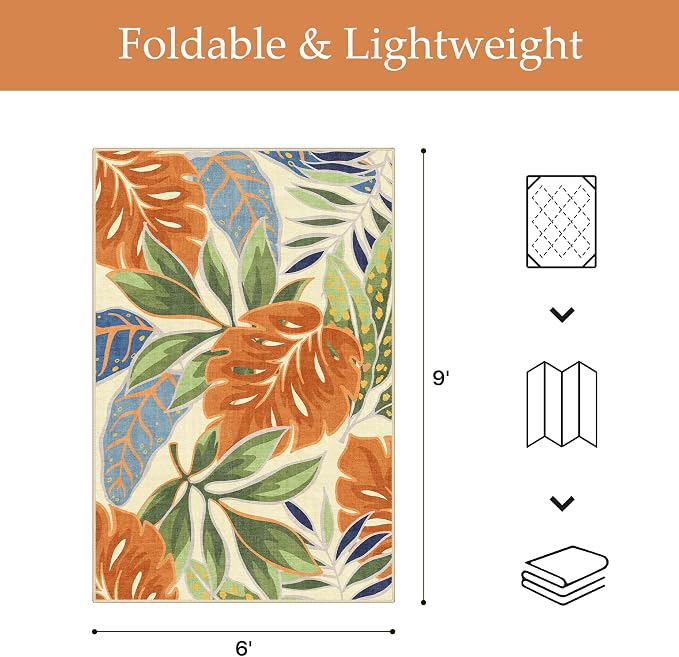 GENIMO 6x9 Outdoor Rug, Washable for Patio and Deck, Rust Sage | Botanical leaf design for dining area; fade resistant chenille with quick-dry non-slip backing for indoor sunroom.