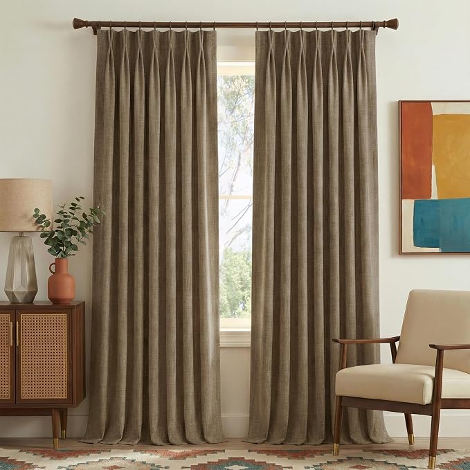 NICETOWN Heavyweight Pinch Pleat Curtains 395GSM Fabric, W40 x L90 Toasted Hazelnut Brown Faux Linen Drapery for Cozy Living Room, Thermal Insulated Double-Sided Textured Panels (1 Pair with Hooks)