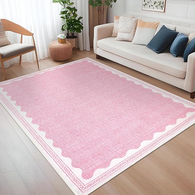 4x6 Scalloped Area Rugs Pink Washable Entryway Bedroom Rug | Solid Tan Rug for Bedroom Girls, Non Slip Throw Carpet With Rubber Back, Soft Dorm Nursery Scalloped Rugs for Dining Room