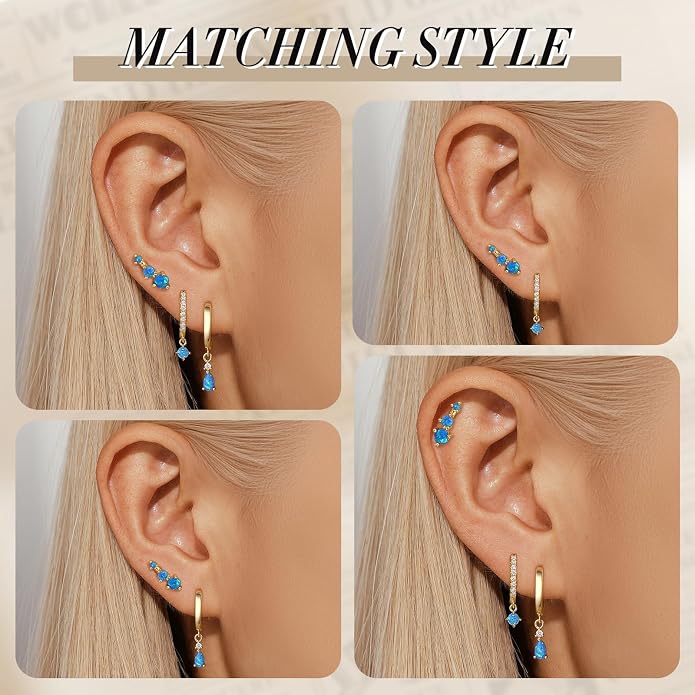 Angelady Opal Earrings Set for Women, Hypoallergenic S925 Sun Stud Earring for Sensitive Ears, Dainty Hoop Huggie Silver Opal Dangle Earring Stacks, Blue Earrings for Women Trendy 2025