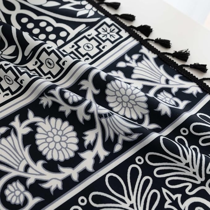 Black Damask Curtains 102 Inches Long, Boho Farmhouse Light Filtering Rod Pocket Drapes with Tassel Trim for Bedroom Living Room, 2 Panels
