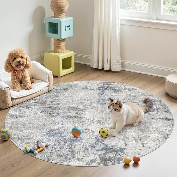 DMOYEST 5ft Round Area Rug for Living Room - 5x5 Washable & Non Slip Circle Rug, Kid & Pet Friendly Soft Low Pile Abstract Carpet for Bedroom and Dining Room - Grey Blue