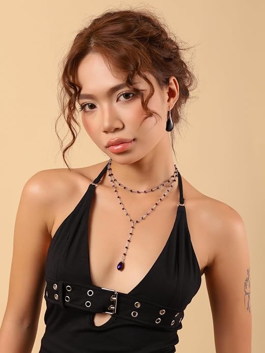 Sacina Gothic Layered Black Red Choker, Dainty Y Necklace, Bead teardrop Choker, Gothic Goth Necklace, Christmas Jewelry Gift for Women