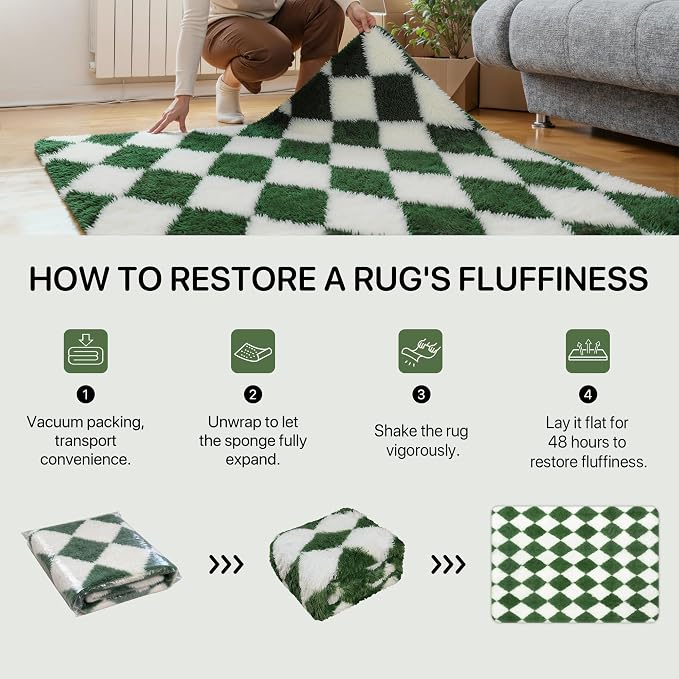 GENIMO Checkered Rug 8x10 Area Rugs for Kids Bedroom Soft Shag Rug Fluffy Fuzzy Carpet Plush Rugs for Living Room Nursery Playroom Dorm Modern Home Decor Aesthetic, Green and White