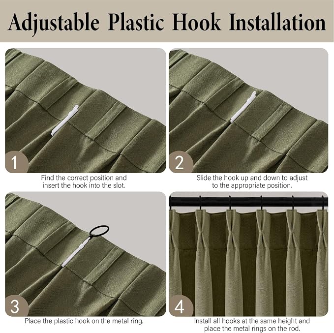 MIULEE Pinch Pleated Thick Linen Curtains 96 Inch 4 Panels Set Back Tab Memory Trained Pinch Pleat Semi Sheer Light Filtering Curtains Let Light in Window Drapes for Living Room Bedroom Olive Green