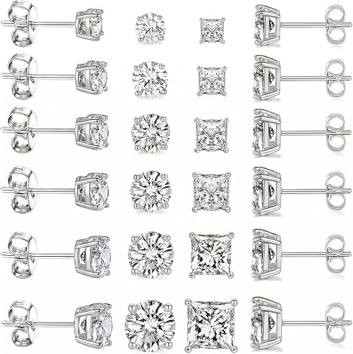 12 Pairs Stud Earrings Set, 3-8mm Cubic Zirconia Earrings for Women & Men 316L Stainless Steel Earring Hypoallergenic Small Earring Nickel Free