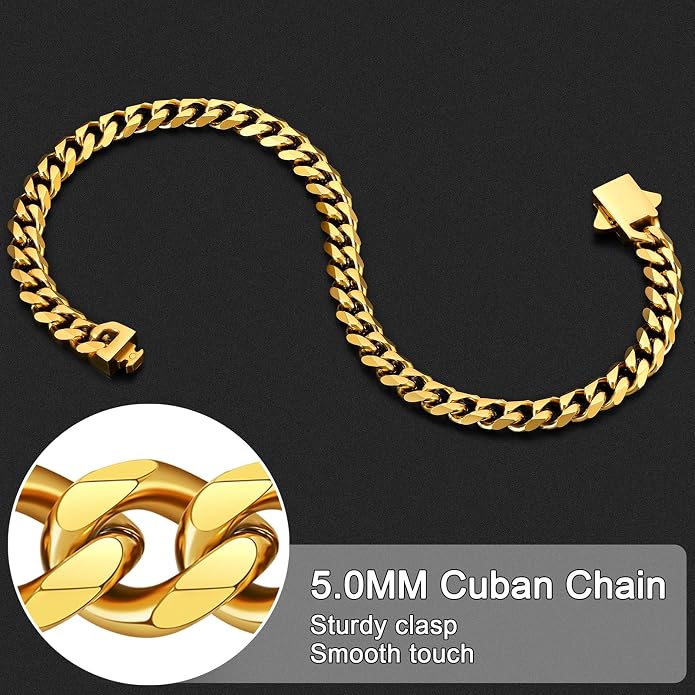 Fiusem Mens 14K Gold Plated Bracelets for Men, Stainless Steel Cuban link Bracelet for Men