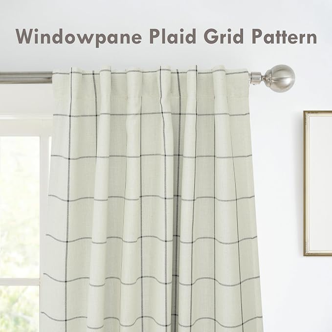 DriftAway 100% Blackout Plaid Linen Curtains 96 Inches Long 2 Panels Black | 100% Blackout, Linen Texture, Plaid Pattern, Two Layers, Rod Pocket & Back Tab, Bedroom Living Room Use, Luxury Appearance
