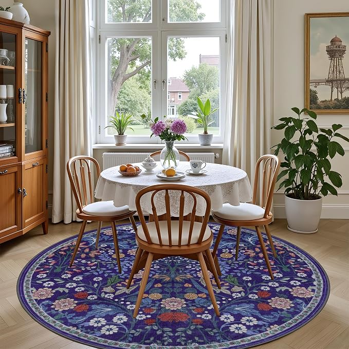 Round Area Rug for Living Room: 6 ft Floral Washable Circle Rug Soft Boho Non-Slip Carpet Indoor Stain Resistant Low Pile Small Circular Rug for Bedroom Entryway Kitchen Nursery Home Office Blue