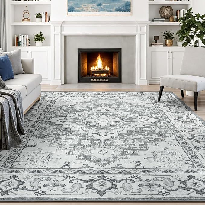 Lessymo Washable Area Rugs 6x9- Boho Area Rug Low Pile for Bedroom Living Room Kitchen, Ultra-Soft Faux Wool Vintage Area Rug with Non-Slip Rubber, Kid & Pet Friendly, Grey Cream White