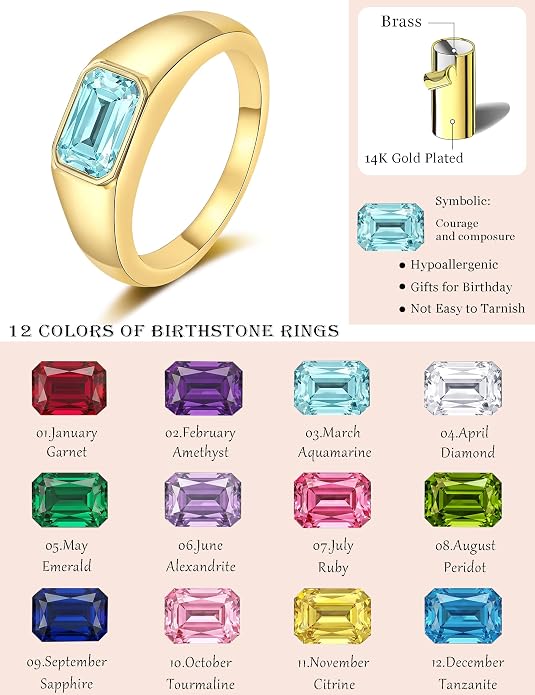 Birthstone Gold Rings for Women Non Tarnish 14K Gold Plated Chunky Emerald Rings Thumb Signet Statement Dainty CZ Band Ring Unique Waterproof Cute Jewelry Gift for Birthday Size 6-10