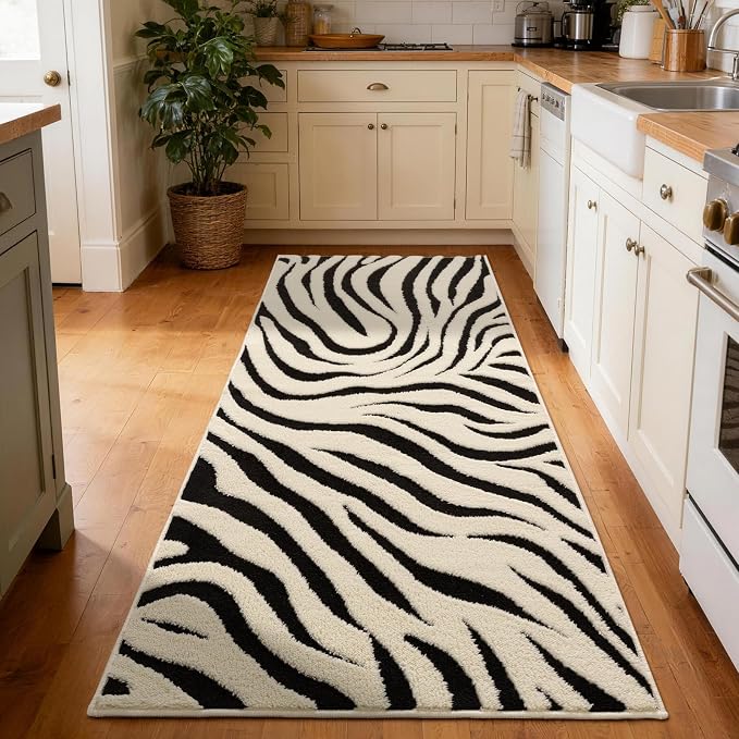 YIHOUSE Zebra Hallway Runner Rugs 2×6: Modern Washable Non Slip Kitchen Rug | Black and Cream White Stripe, Textured High Low Pile, Fluffy Soft, Carpet Runner for Entryway, Bedroom, Bathroom, Home Decor