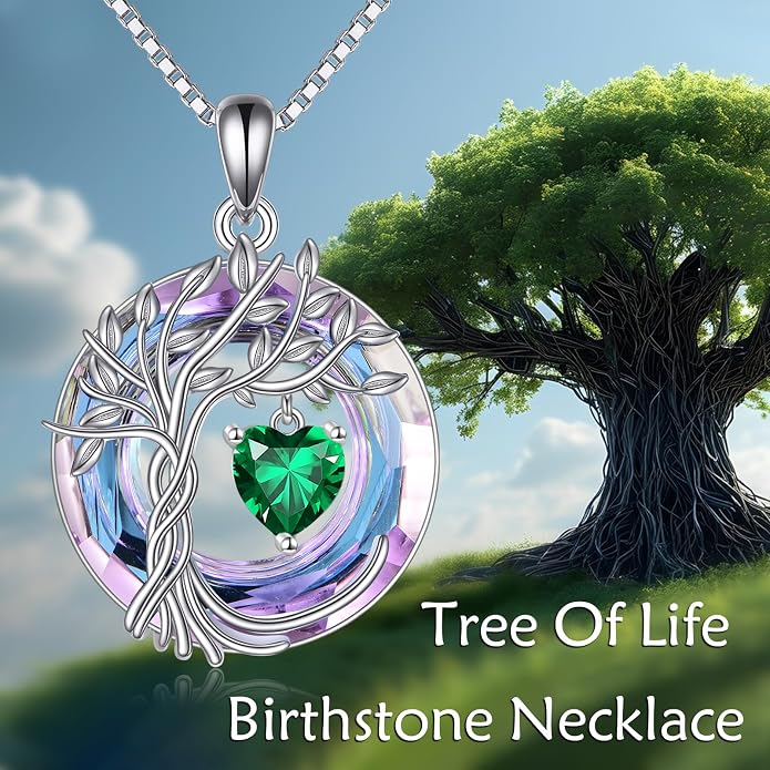 POPLYKE Mothers Day Gifts for Mom Her Wife Tree of Life Necklace 925 Sterling Silver Birthstone Pendant with Crystal Anniversary Birthday Wedding Jewelry for Women