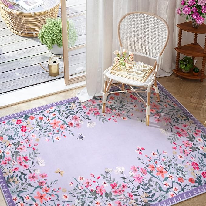 Wonnitar 4x6 Washable Area Rug, Purple Floral Rug for Girls Bedroom, Boho Soft Nursery Carpet, Non Slip Ultra Thin Entryway Mat, Lavender Kids Room Vanity Decor (4x6 Purple)
