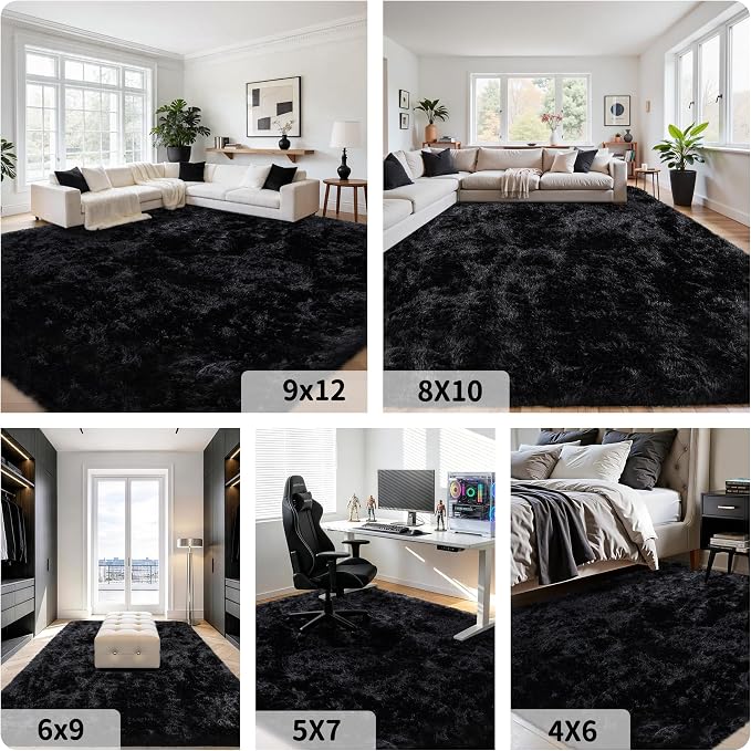 6x9 Area Rug for Living Room:Ultra Soft Fluffy Shag Black Rugs,Large Fuzzy Plush Indoor Non Slip Carpet Washable Rug for Bedroom Kids Nursery Office Dorm Modern Decor(Black 6'x9')