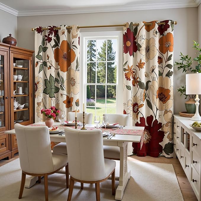 jinchan Beige Boho Floral Blackout Curtains 84 Inch Grommet 2 Panels | Room darkening, Vintage, living room, bedroom, privacy, floral print, flower pattern, fall decor, window treatments