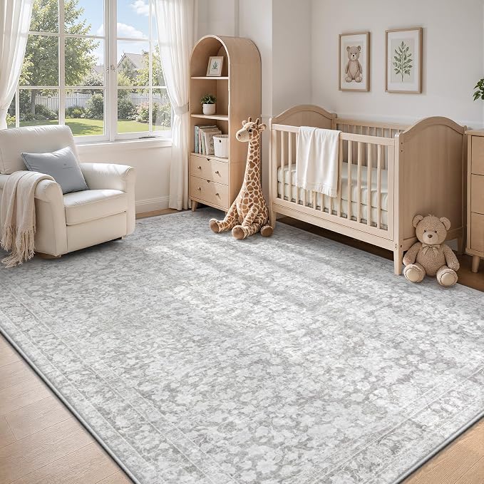 6x9 Area Rugs for Living Room: Boho Vintage Washable Rug Non-Slip Soft Stain Repellent Area Rugs Indoor Low-Pile Carpet for Bedroom Nursery Office Dining Room Playroom Farmhouse (Grey, 6'x9')