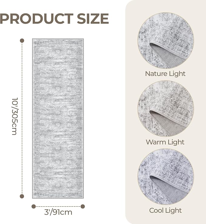 3x10 Runner Rug Non Slip,Washable Hallway Runner Rug,Grey | Long Neutral Rugs for Kitchen,Entryway,Bedroom,Bathroom,Laundry Room,Thin,Soft Runner Rug,Stain Resistant Indoor Carpet